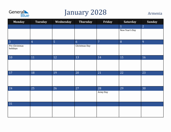 January 2028 Armenia Calendar (Monday Start)