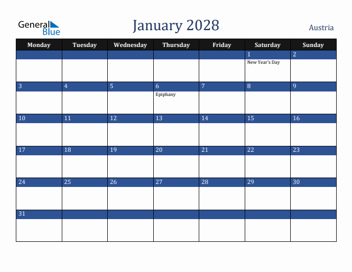 January 2028 Austria Calendar (Monday Start)