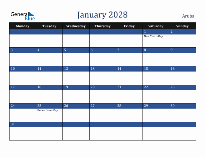 January 2028 Aruba Calendar (Monday Start)