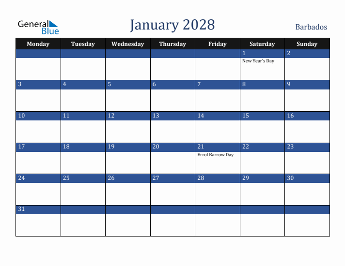 January 2028 Barbados Calendar (Monday Start)