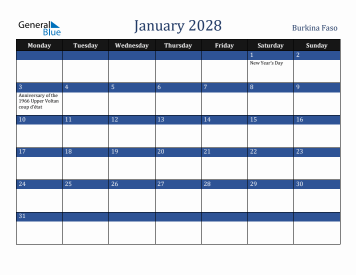 January 2028 Burkina Faso Calendar (Monday Start)