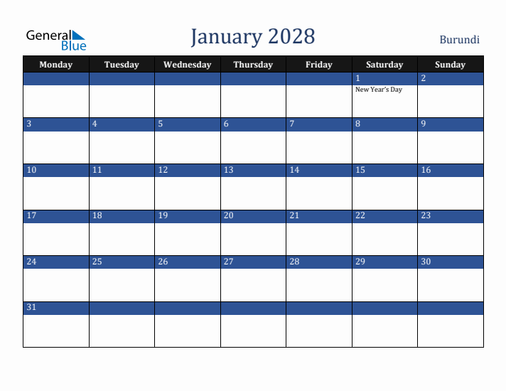 January 2028 Burundi Calendar (Monday Start)