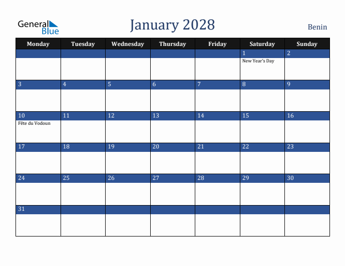 January 2028 Benin Calendar (Monday Start)