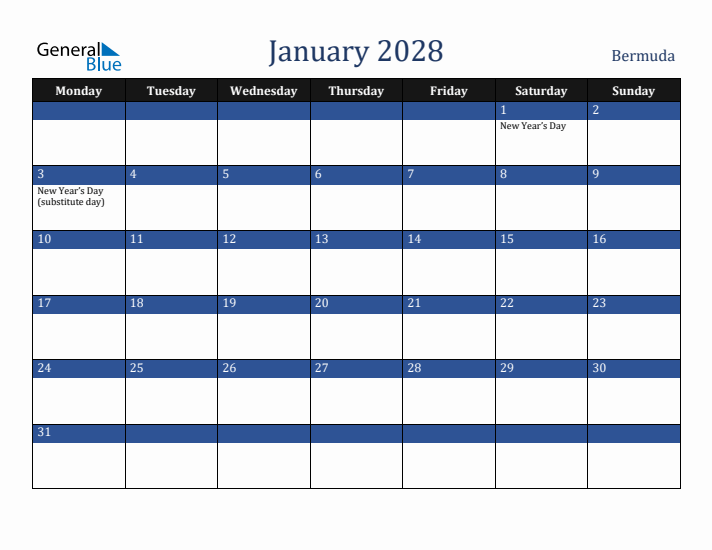 January 2028 Bermuda Calendar (Monday Start)
