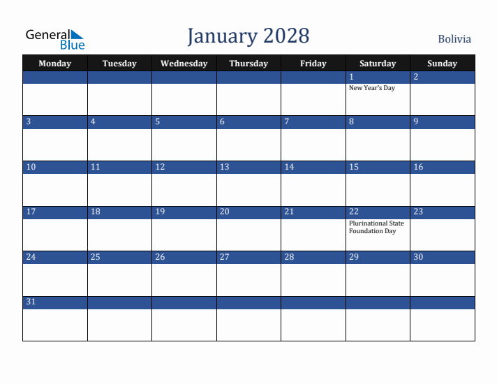 January 2028 Bolivia Calendar (Monday Start)