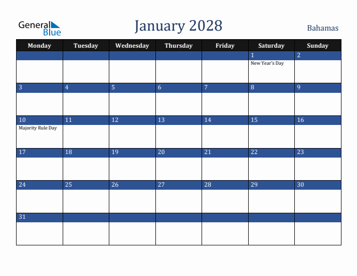 January 2028 Bahamas Calendar (Monday Start)