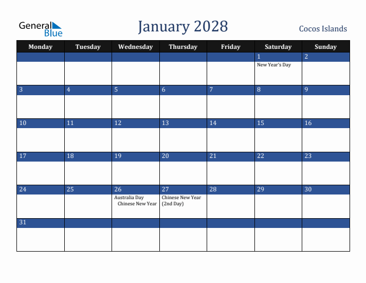 January 2028 Cocos Islands Calendar (Monday Start)