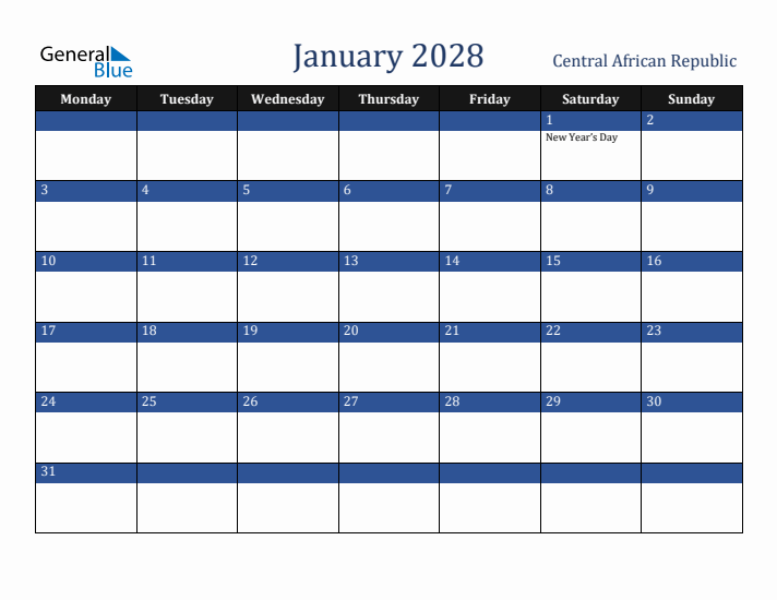 January 2028 Central African Republic Calendar (Monday Start)