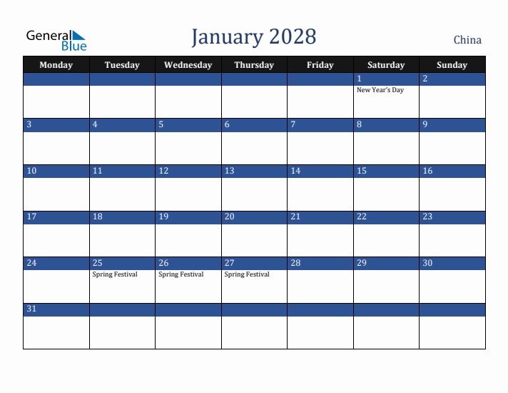 January 2028 China Calendar (Monday Start)