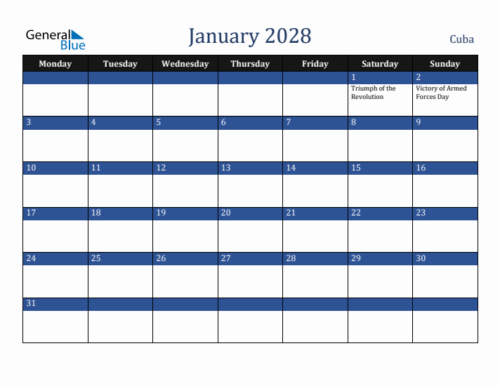 January 2028 Cuba Calendar (Monday Start)