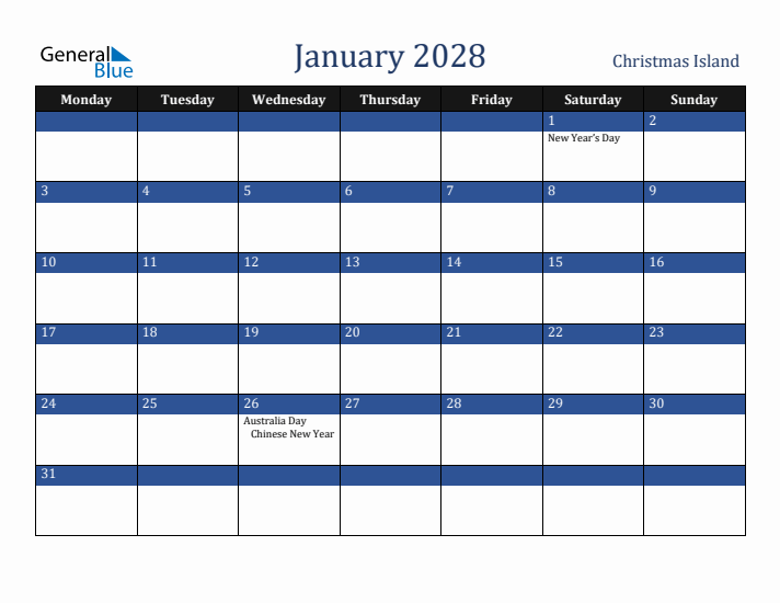 January 2028 Christmas Island Calendar (Monday Start)