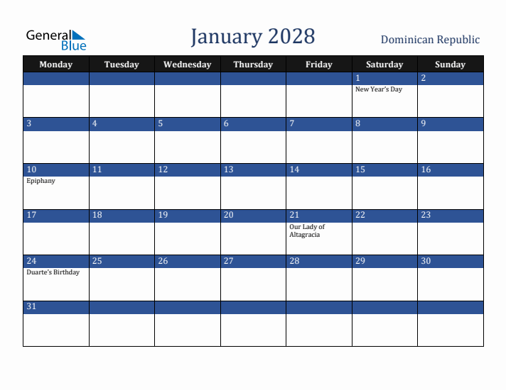 January 2028 Dominican Republic Calendar (Monday Start)