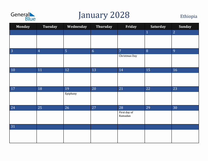 January 2028 Ethiopia Calendar (Monday Start)