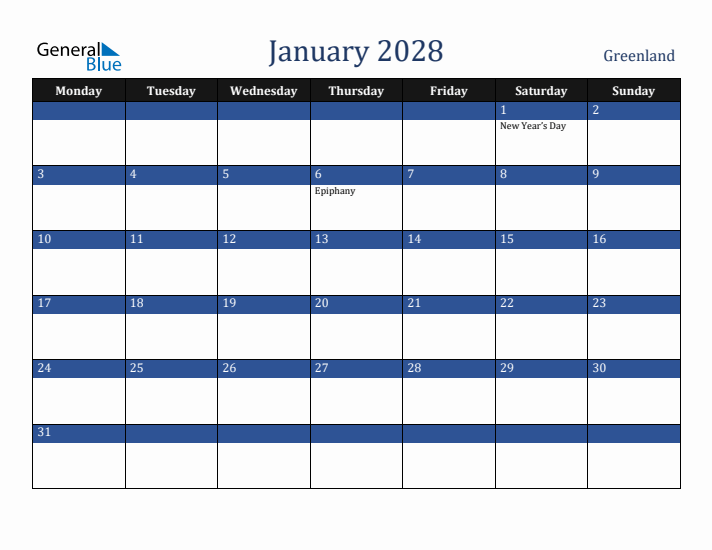 January 2028 Greenland Calendar (Monday Start)
