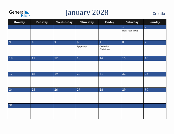 January 2028 Croatia Calendar (Monday Start)