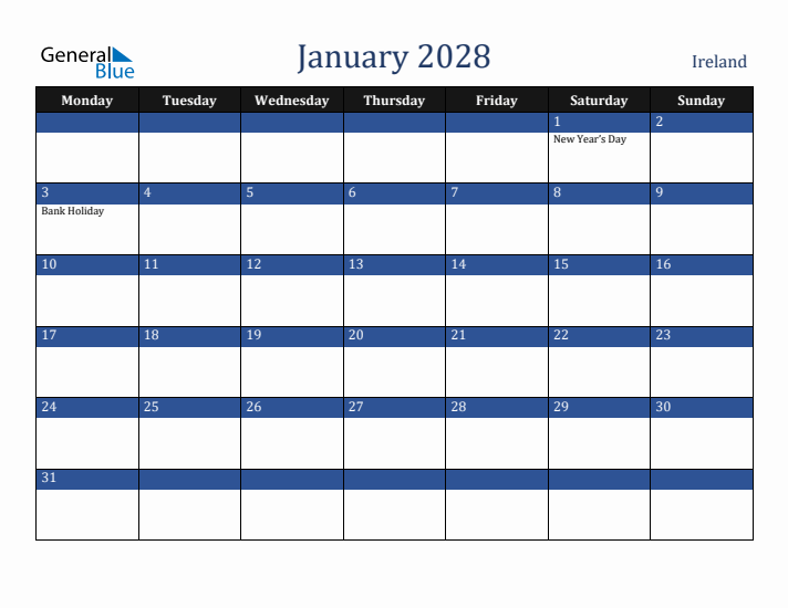 January 2028 Ireland Calendar (Monday Start)