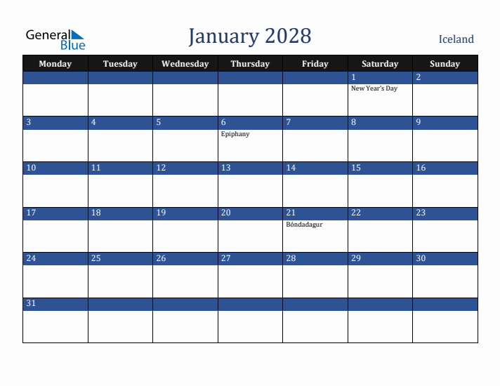 January 2028 Iceland Calendar (Monday Start)
