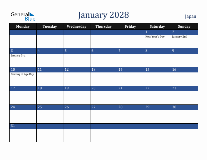January 2028 Japan Calendar (Monday Start)