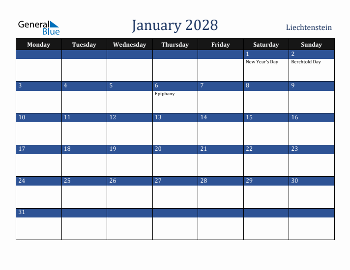 January 2028 Liechtenstein Calendar (Monday Start)
