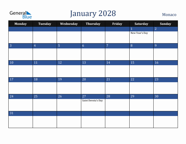 January 2028 Monaco Calendar (Monday Start)
