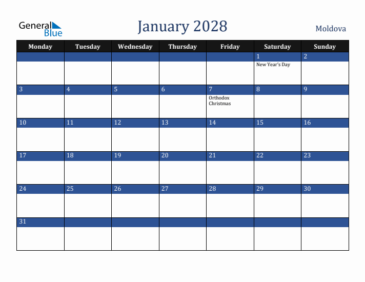 January 2028 Moldova Calendar (Monday Start)