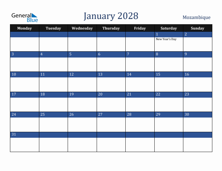 January 2028 Mozambique Calendar (Monday Start)