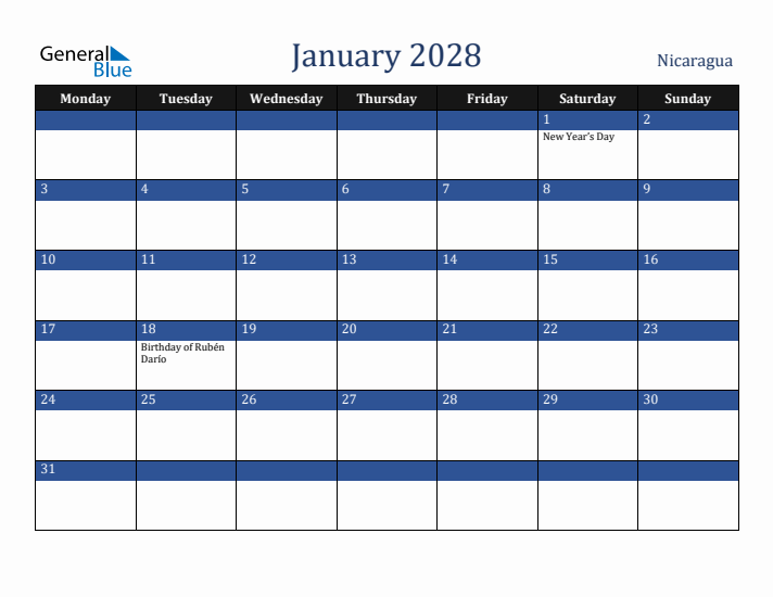January 2028 Nicaragua Calendar (Monday Start)