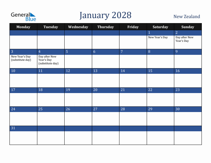 January 2028 New Zealand Calendar (Monday Start)