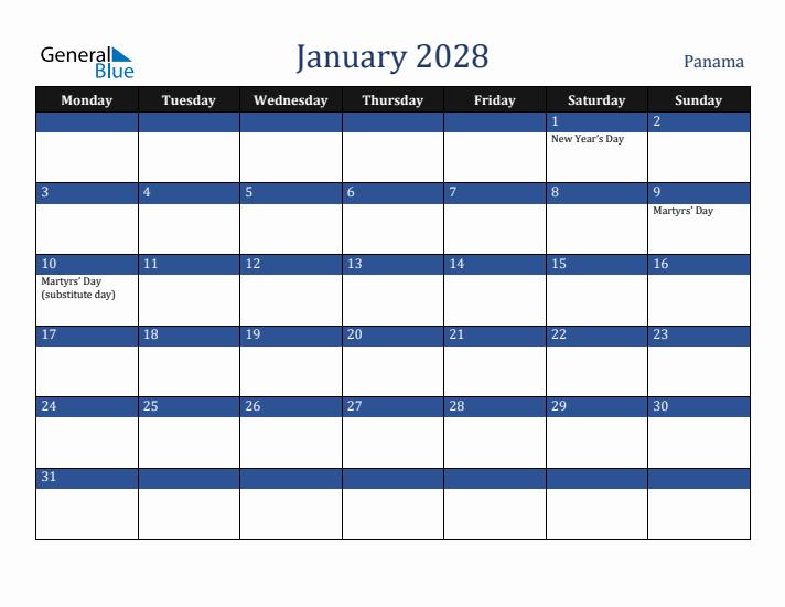 January 2028 Panama Calendar (Monday Start)