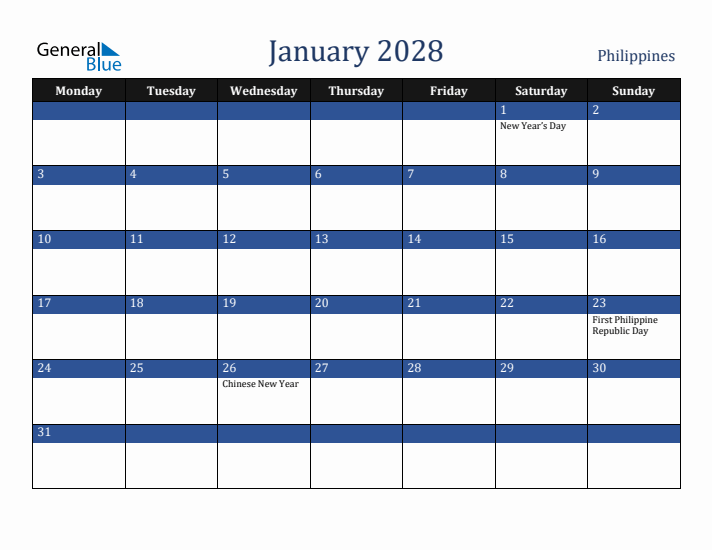 January 2028 Philippines Calendar (Monday Start)