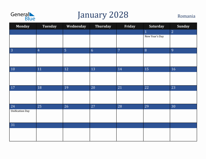 January 2028 Romania Calendar (Monday Start)