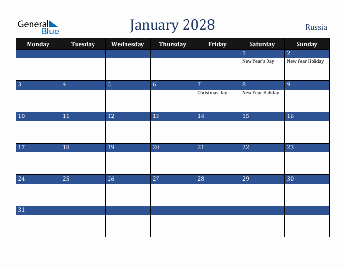 January 2028 Russia Calendar (Monday Start)