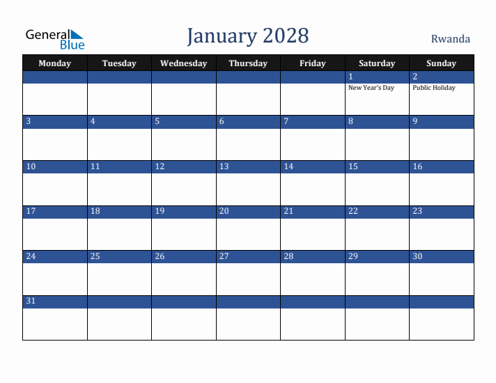 January 2028 Rwanda Calendar (Monday Start)