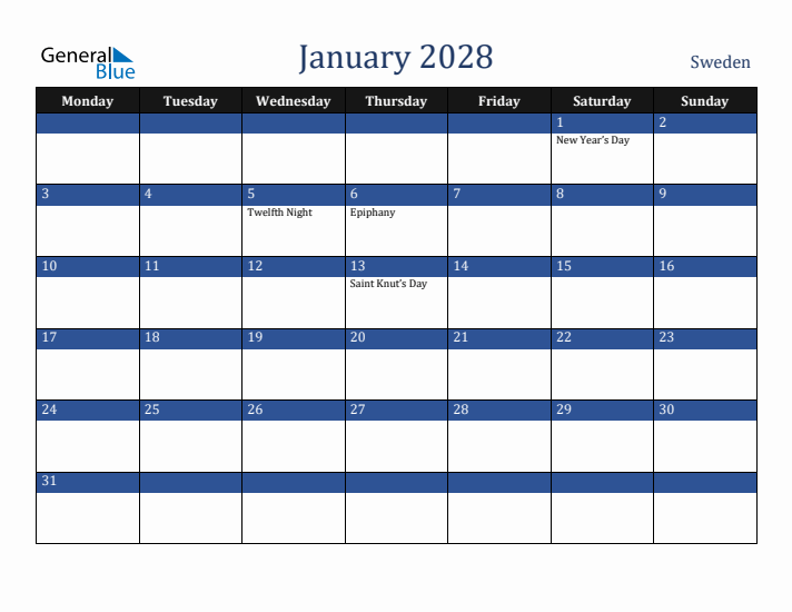 January 2028 Sweden Calendar (Monday Start)