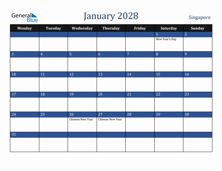 January 2028 Singapore Calendar (Monday Start)