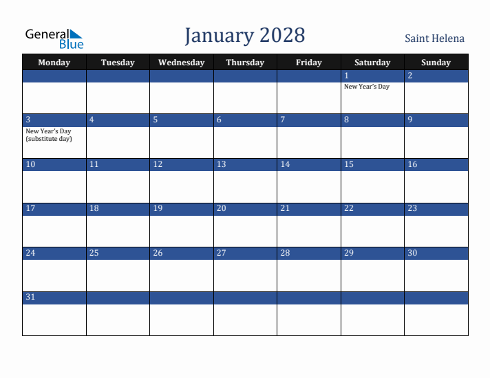 January 2028 Saint Helena Calendar (Monday Start)