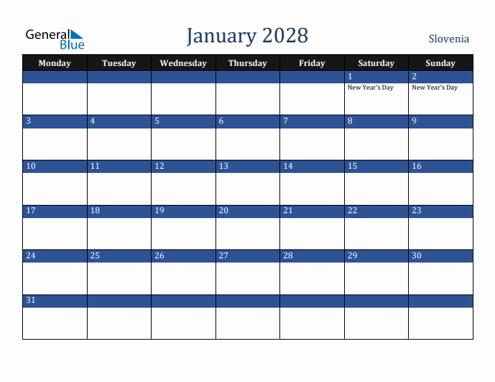 January 2028 Slovenia Calendar (Monday Start)