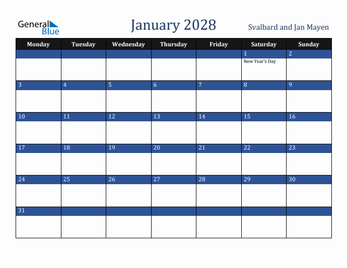 January 2028 Svalbard and Jan Mayen Calendar (Monday Start)
