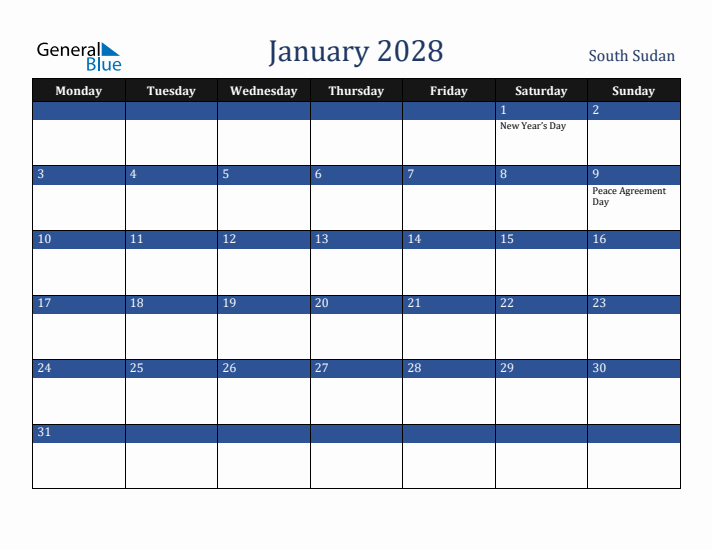 January 2028 South Sudan Calendar (Monday Start)