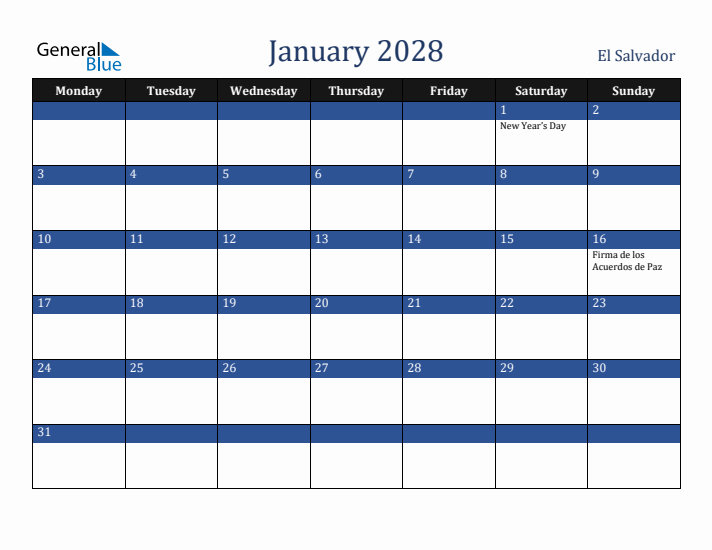 January 2028 El Salvador Calendar (Monday Start)