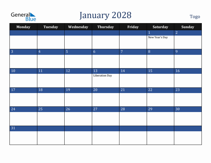 January 2028 Togo Calendar (Monday Start)