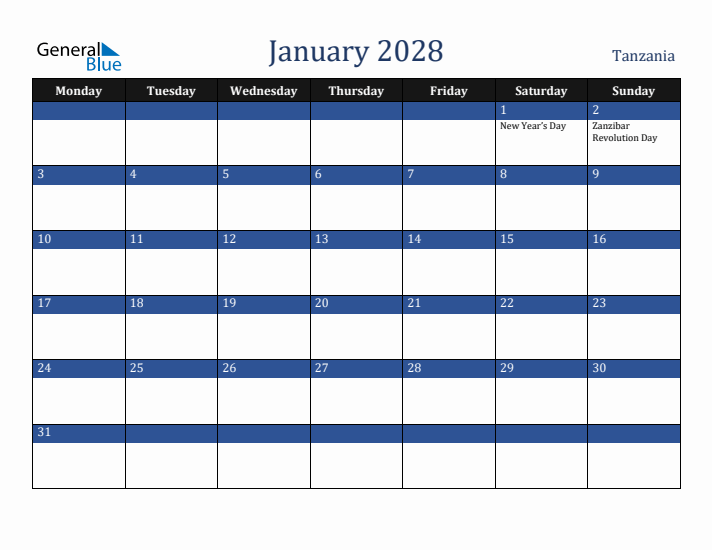 January 2028 Tanzania Calendar (Monday Start)