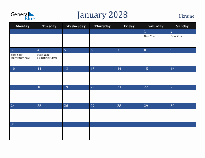 January 2028 Ukraine Calendar (Monday Start)