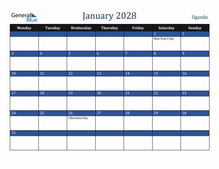 January 2028 Uganda Calendar (Monday Start)