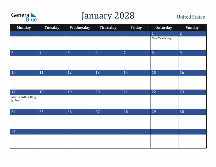 January 2028 United States Calendar (Monday Start)