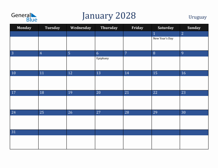 January 2028 Uruguay Calendar (Monday Start)
