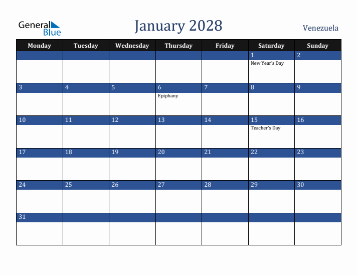 January 2028 Venezuela Calendar (Monday Start)