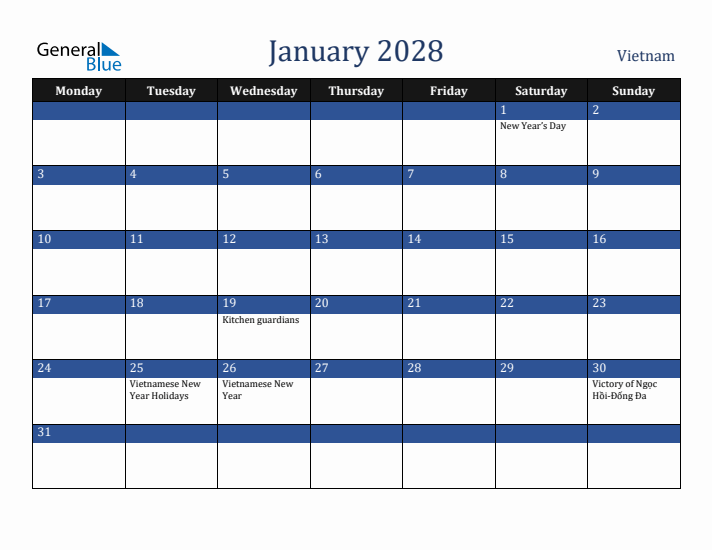 January 2028 Vietnam Calendar (Monday Start)