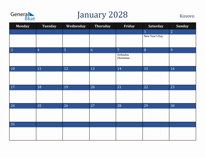 January 2028 Kosovo Calendar (Monday Start)