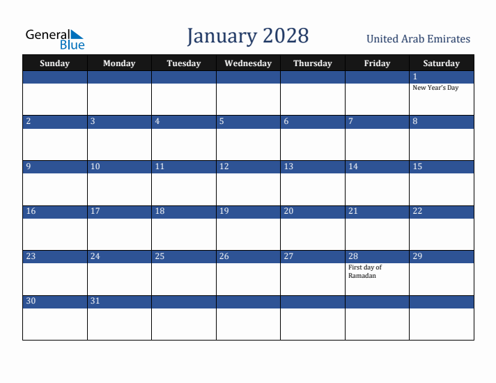 January 2028 United Arab Emirates Calendar (Sunday Start)